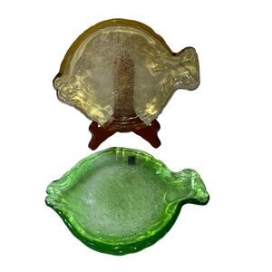 AMICI Thick Hand Blown Art Bubble Glass Fish Shaped Dishes Green Set Of 2